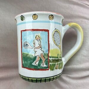 VTG 80s XL Tennis Mug Racquet Sports Ceramic Pottery 90s White Hand Made Painted